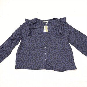 Marine Layer Women’s Rory Long sleeve Blue Cheeta Ruffle Blouse Size Small NWT